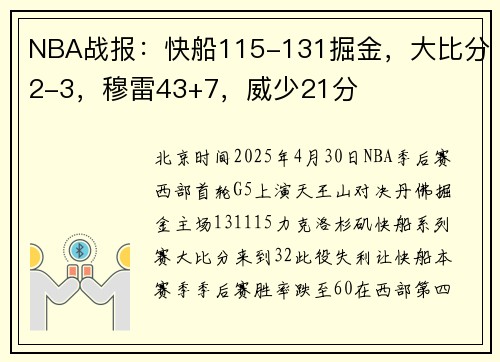 NBA战报：快船115-131掘金，大比分2-3，穆雷43+7，威少21分